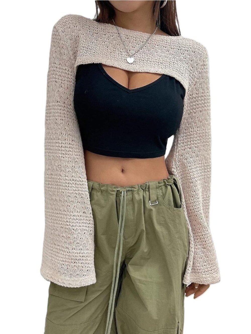 Shein Super Crop Top Women Medium Cream Long Sleeve Knit Stretch Casual